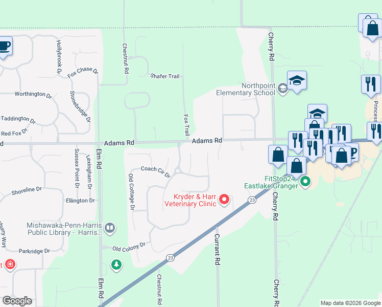 map of restaurants, bars, coffee shops, grocery stores, and more near 51198 Woods Run Court in Granger