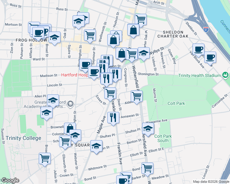 map of restaurants, bars, coffee shops, grocery stores, and more near 140 Maple Avenue in Hartford