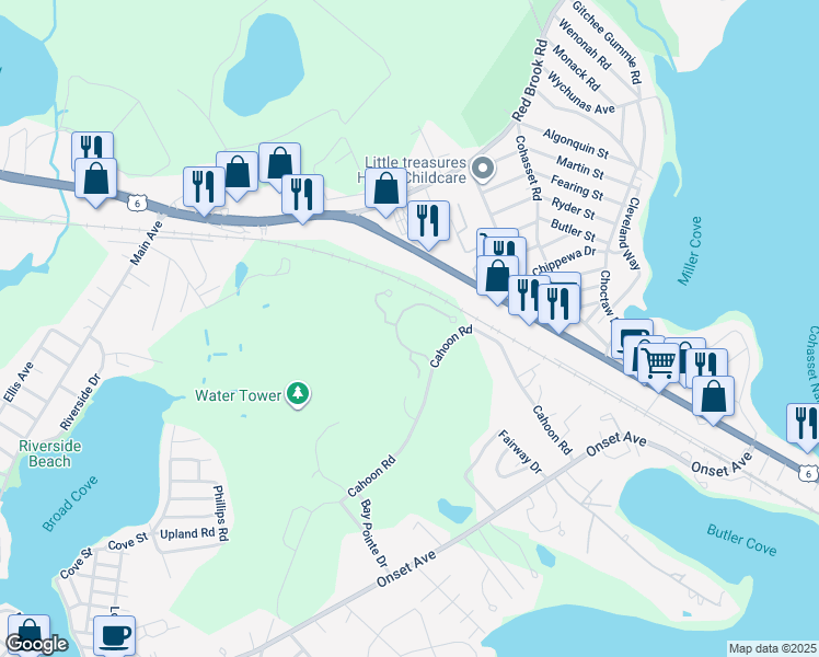 map of restaurants, bars, coffee shops, grocery stores, and more near 19 Bay Pointe Drive Extension in Wareham