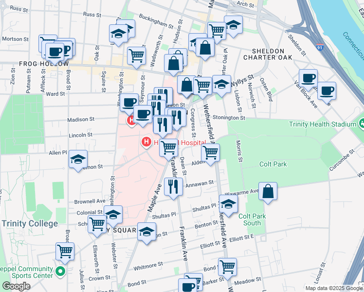 map of restaurants, bars, coffee shops, grocery stores, and more near 55 Morris Street in Hartford