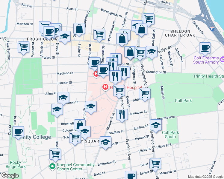 map of restaurants, bars, coffee shops, grocery stores, and more near in Hartford