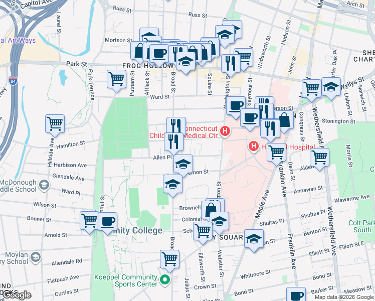 map of restaurants, bars, coffee shops, grocery stores, and more near 50 Allen Place in Hartford