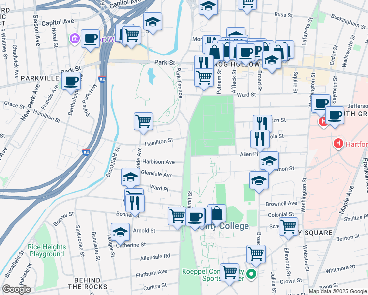 map of restaurants, bars, coffee shops, grocery stores, and more near 411-417 Zion Street in Hartford