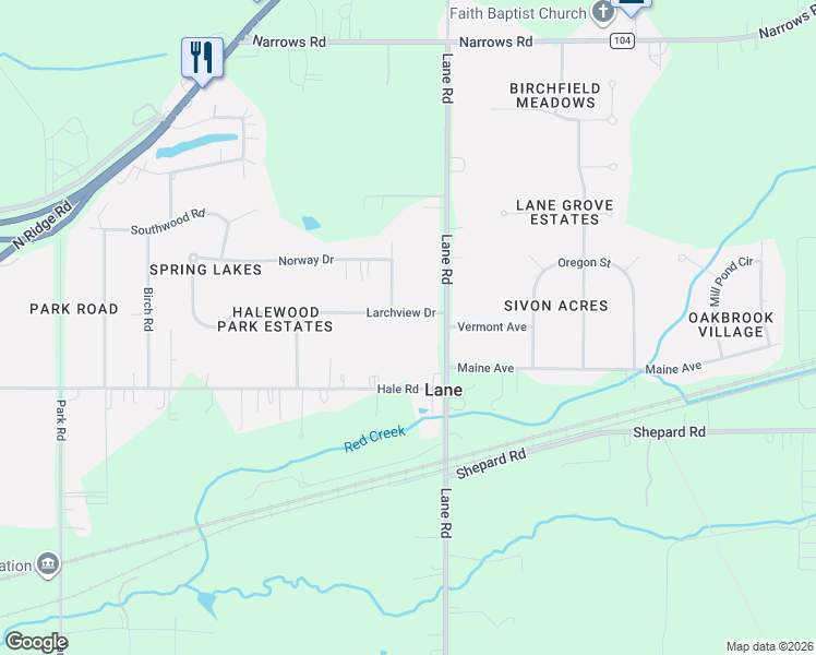 map of restaurants, bars, coffee shops, grocery stores, and more near 2720 Larchview Drive in Painesville