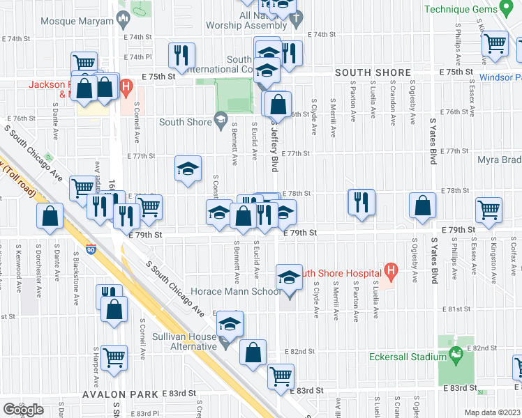 map of restaurants, bars, coffee shops, grocery stores, and more near 7828 South Euclid Avenue in Chicago