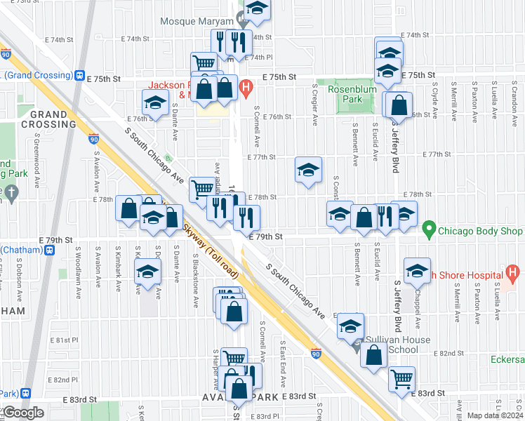 map of restaurants, bars, coffee shops, grocery stores, and more near 7826 South East End Avenue in Chicago
