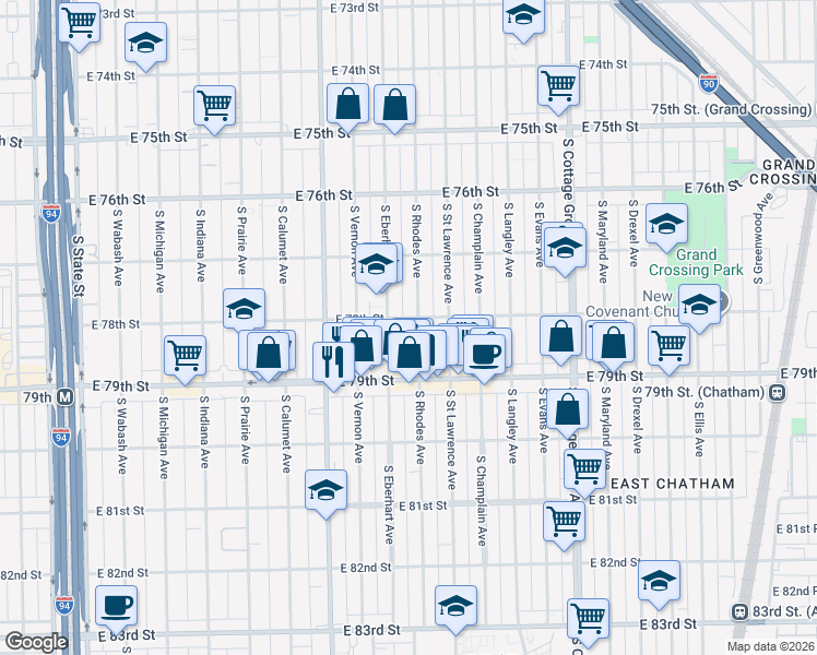 map of restaurants, bars, coffee shops, grocery stores, and more near 7817 South Eberhart Avenue in Chicago