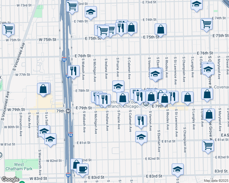 map of restaurants, bars, coffee shops, grocery stores, and more near 7800 South Prairie Avenue in Chicago