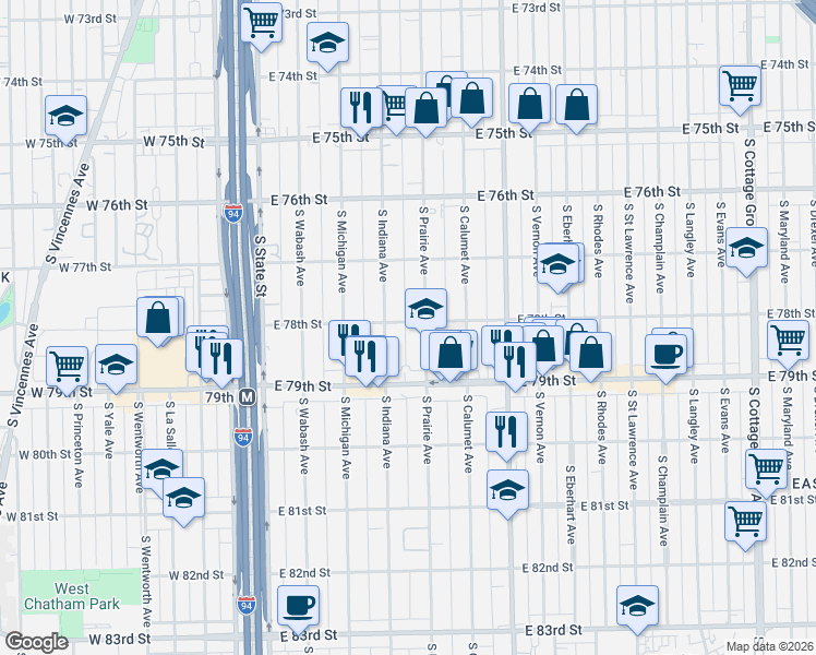 map of restaurants, bars, coffee shops, grocery stores, and more near 7811 South Indiana Avenue in Chicago