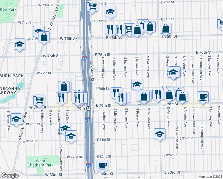 map of restaurants, bars, coffee shops, grocery stores, and more near 7809 South Wabash Avenue in Chicago