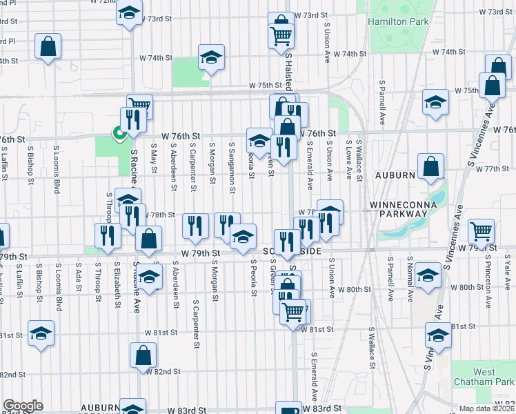 map of restaurants, bars, coffee shops, grocery stores, and more near 7757 South Peoria Street in Chicago