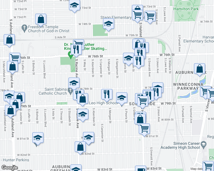 map of restaurants, bars, coffee shops, grocery stores, and more near 1018 West 78th Street in Chicago