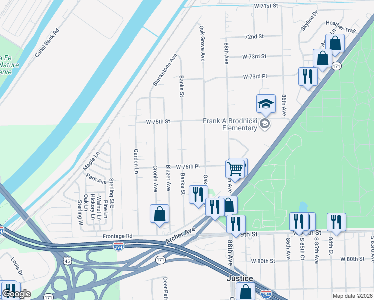 map of restaurants, bars, coffee shops, grocery stores, and more near 7552 Banks Street in Justice