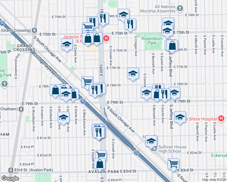 map of restaurants, bars, coffee shops, grocery stores, and more near 7826 South East End Avenue in Chicago