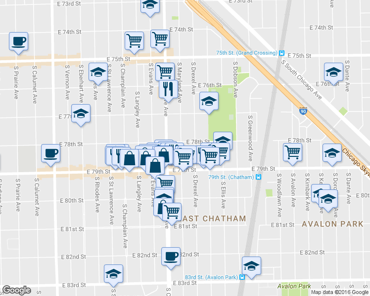 map of restaurants, bars, coffee shops, grocery stores, and more near 7813 South Maryland Avenue in Chicago