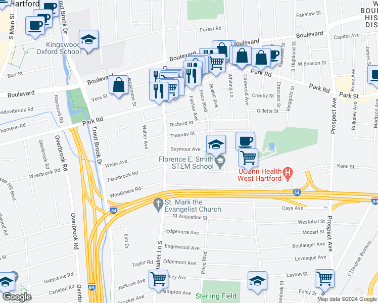 map of restaurants, bars, coffee shops, grocery stores, and more near 113 Seymour Avenue in West Hartford