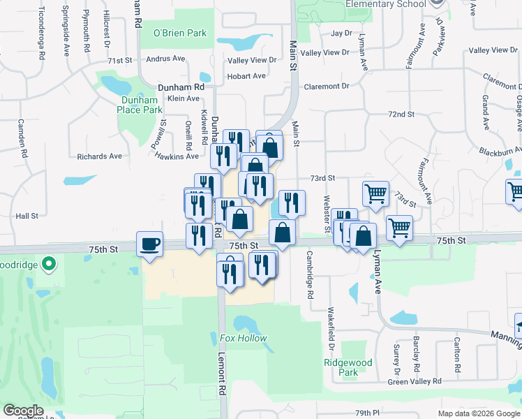 map of restaurants, bars, coffee shops, grocery stores, and more near 7401 Lemont Road in Downers Grove