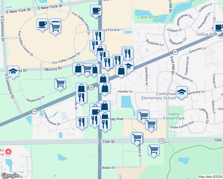 map of restaurants, bars, coffee shops, grocery stores, and more near 2915 Henley Lane in Naperville