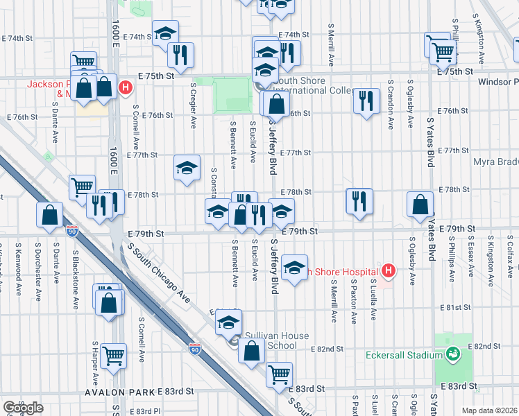 map of restaurants, bars, coffee shops, grocery stores, and more near 7823 South Euclid Avenue in Chicago