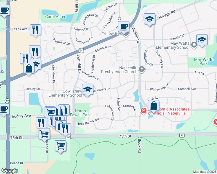 map of restaurants, bars, coffee shops, grocery stores, and more near 935 Matthew Court in Naperville