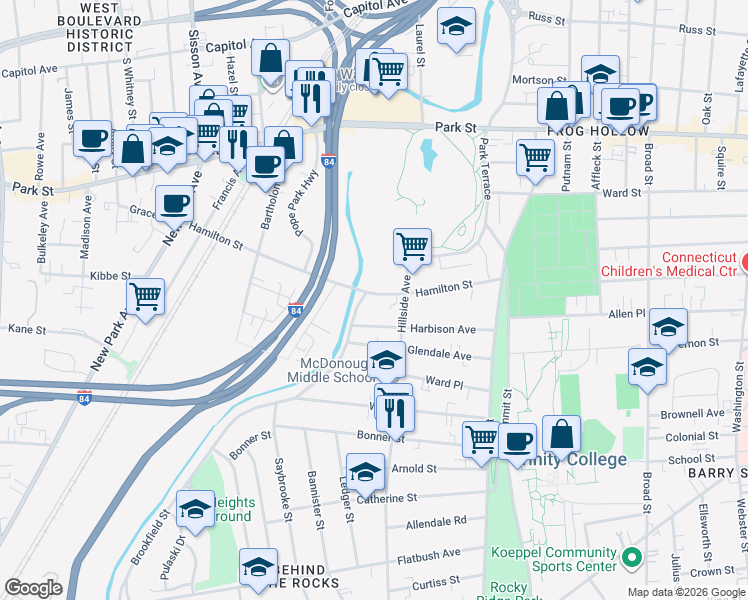 map of restaurants, bars, coffee shops, grocery stores, and more near 117 Hamilton Street in Hartford