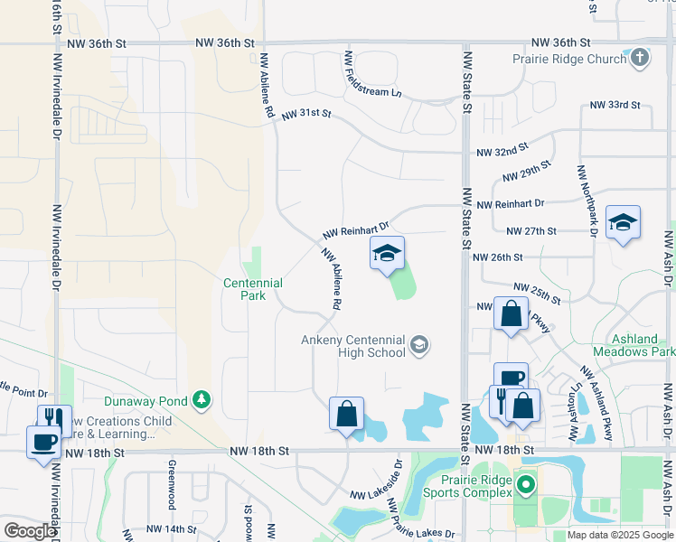 map of restaurants, bars, coffee shops, grocery stores, and more near 2509 Northwest Abilene Road in Ankeny