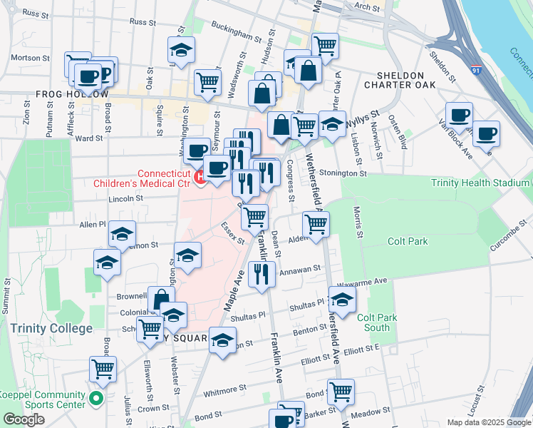map of restaurants, bars, coffee shops, grocery stores, and more near 140 Maple Avenue in Hartford