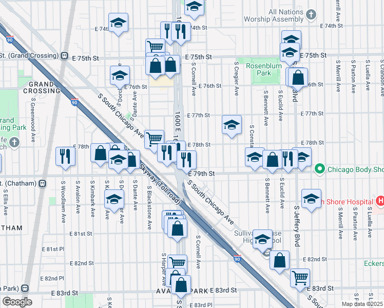 map of restaurants, bars, coffee shops, grocery stores, and more near 7814 South Cornell Avenue in Chicago
