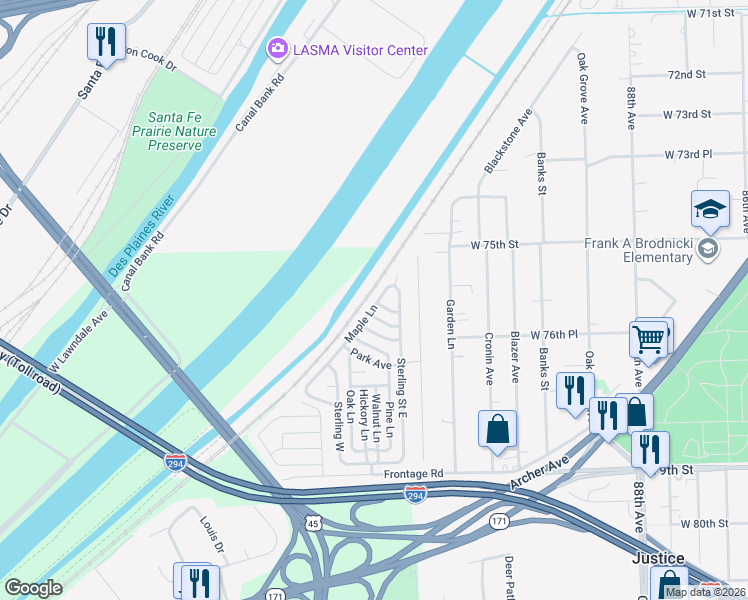 map of restaurants, bars, coffee shops, grocery stores, and more near 782 Maple Lane in Justice