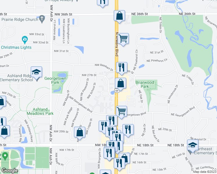 map of restaurants, bars, coffee shops, grocery stores, and more near 2518 Northwest Heritage Avenue in Ankeny