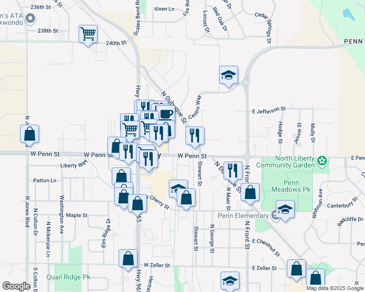 map of restaurants, bars, coffee shops, grocery stores, and more near 350 West Penn Street in North Liberty