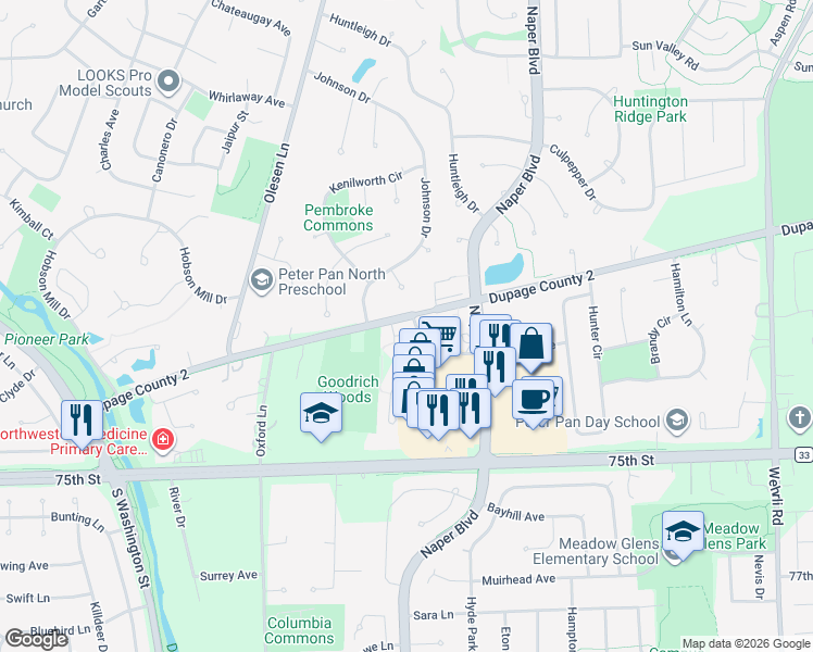 map of restaurants, bars, coffee shops, grocery stores, and more near 1210 Hobson Oaks Court in Naperville