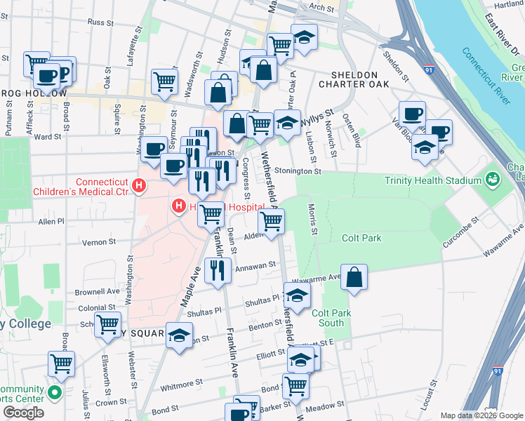 map of restaurants, bars, coffee shops, grocery stores, and more near 19 Morris Street in Hartford