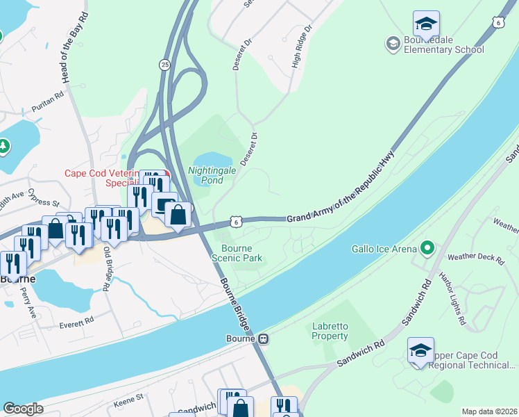 map of restaurants, bars, coffee shops, grocery stores, and more near 391 U.S. 6 in Bourne