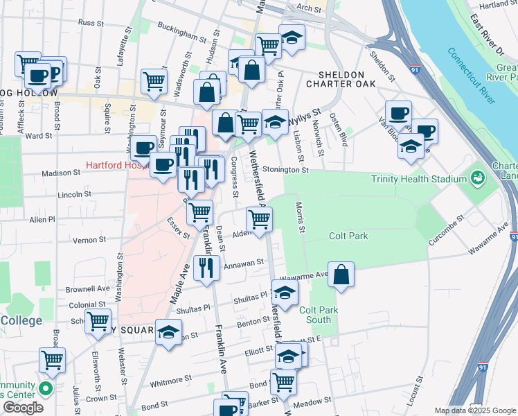 map of restaurants, bars, coffee shops, grocery stores, and more near 19 Morris Street in Hartford