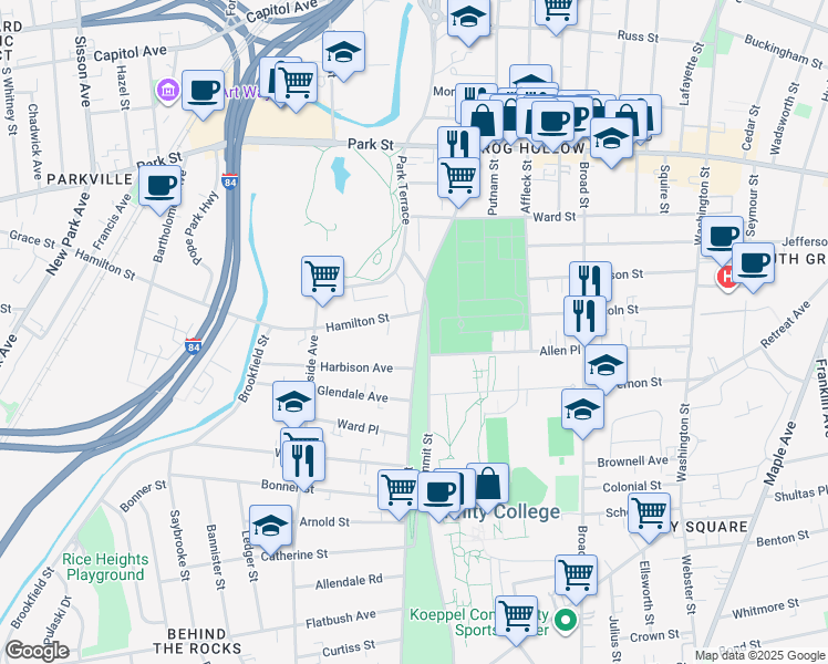 map of restaurants, bars, coffee shops, grocery stores, and more near 411-417 Zion Street in Hartford