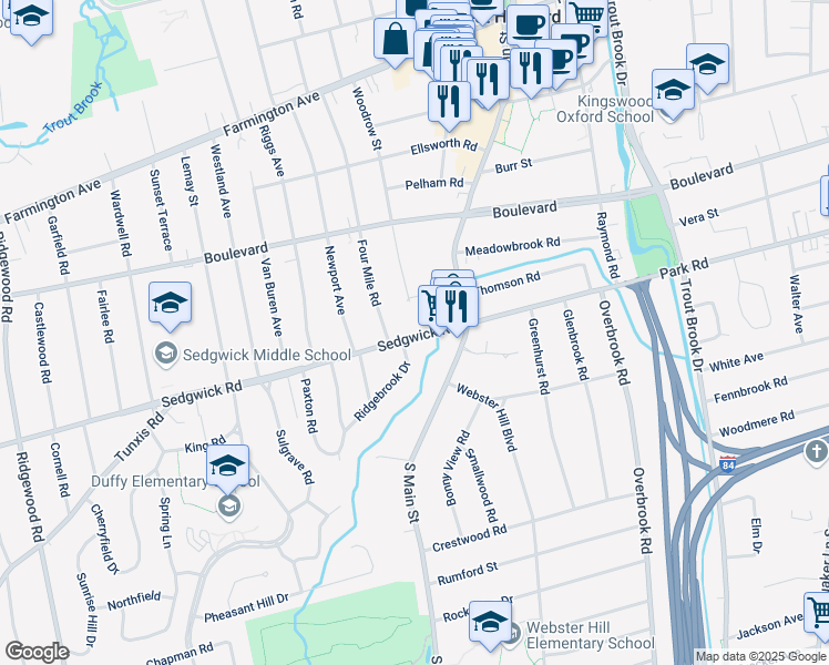map of restaurants, bars, coffee shops, grocery stores, and more near 22 Sedgwick Road in West Hartford