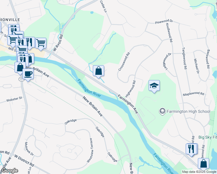 map of restaurants, bars, coffee shops, grocery stores, and more near in Farmington