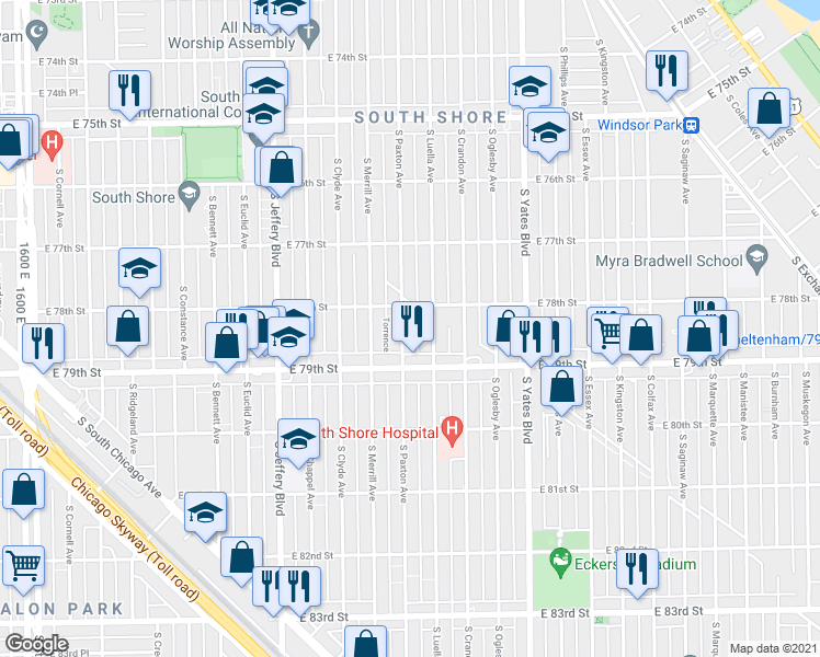 map of restaurants, bars, coffee shops, grocery stores, and more near 7832 South Paxton Avenue in Chicago