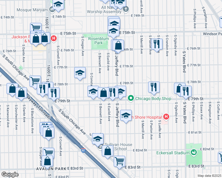 map of restaurants, bars, coffee shops, grocery stores, and more near 7828 South Euclid Avenue in Chicago