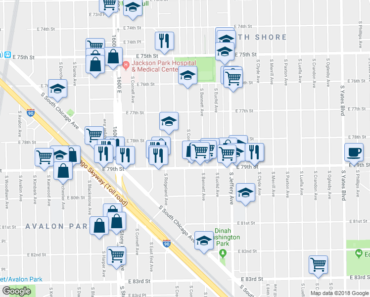 map of restaurants, bars, coffee shops, grocery stores, and more near 7829 South Cregier Avenue in Chicago