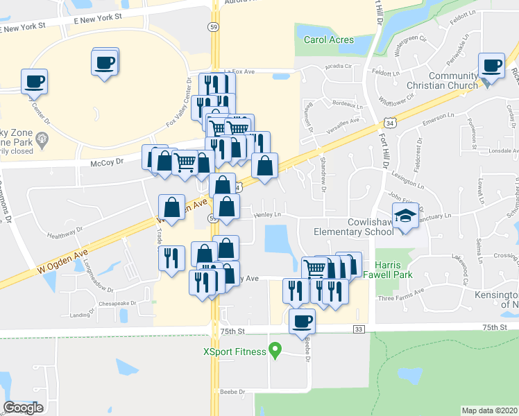 map of restaurants, bars, coffee shops, grocery stores, and more near 2852 Henley Lane in Naperville