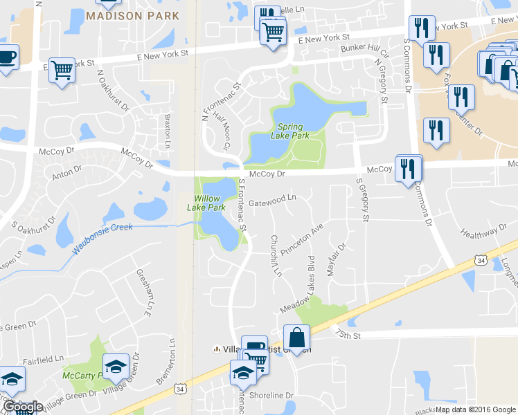 map of restaurants, bars, coffee shops, grocery stores, and more near 95 Churchill Lane in Aurora