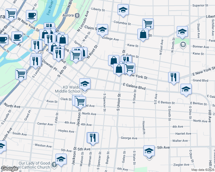 map of restaurants, bars, coffee shops, grocery stores, and more near 606 East Downer Place in Aurora