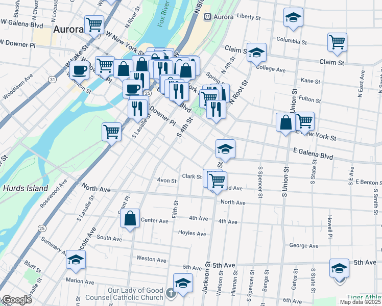 map of restaurants, bars, coffee shops, grocery stores, and more near 82 South Root Street in Aurora