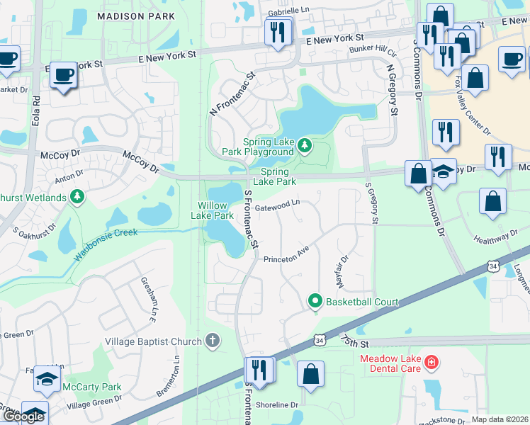 map of restaurants, bars, coffee shops, grocery stores, and more near 95 Churchill Lane in Aurora