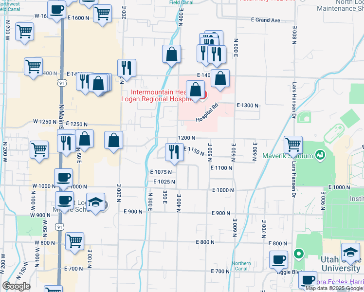 map of restaurants, bars, coffee shops, grocery stores, and more near 415 East 1150 North in Logan