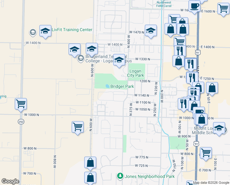 map of restaurants, bars, coffee shops, grocery stores, and more near 465 West 1140 North in Logan