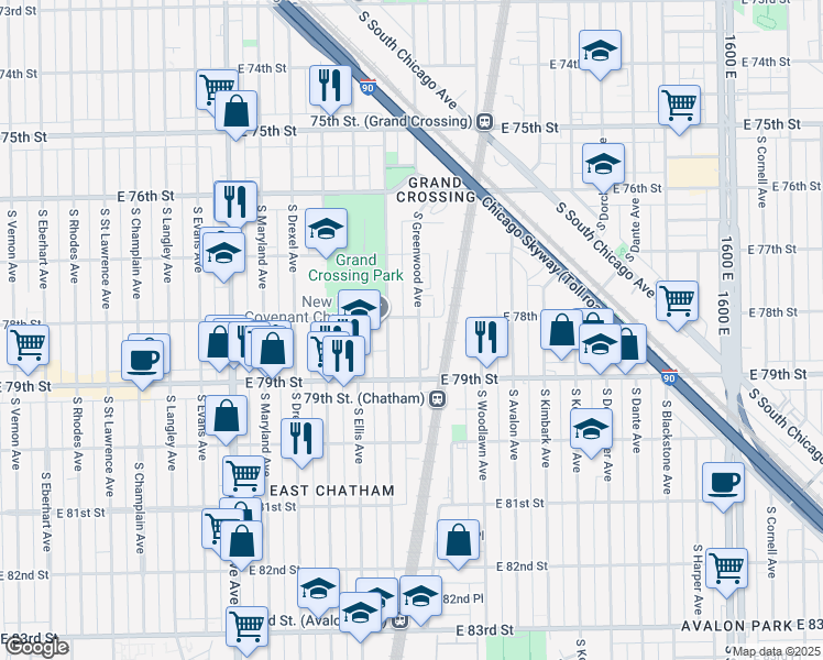 map of restaurants, bars, coffee shops, grocery stores, and more near 7822 South Greenwood Avenue in Chicago