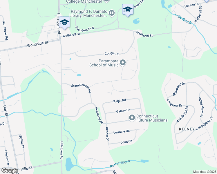 map of restaurants, bars, coffee shops, grocery stores, and more near 14 Round Hill Road in Manchester